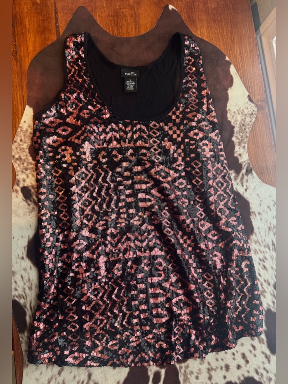 rue21 Black Tank with pink/orange Sequin Geometric Design